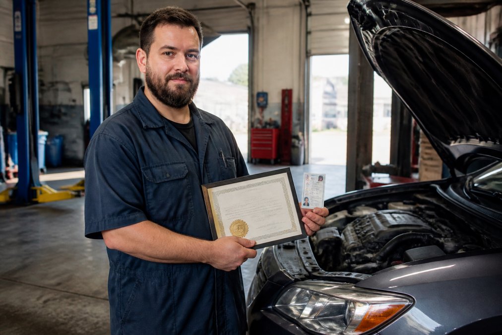 Professional automotive technician holding AMVIC certification documents and credentials while standing next to a vehicle in a modern garage setting with natural lighting