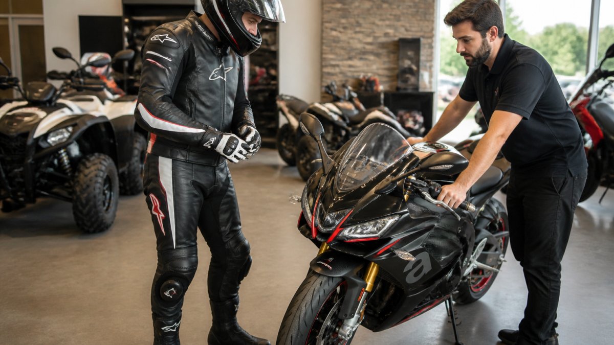 Experienced rider in protective gear preparing for a test ride on an Aprilia sportbike, wearing helmet and jacket while standing beside the motorcycle in a bright dealership showroom with staff nearby
