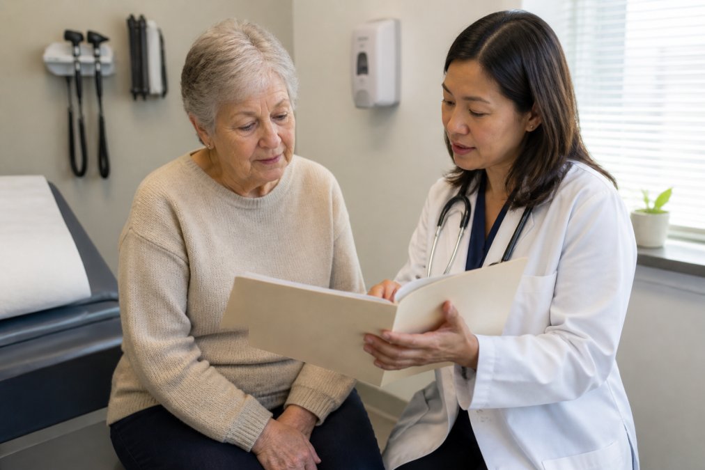 Senior patient sitting in a doctor's office with healthcare provider, both looking at medical records together