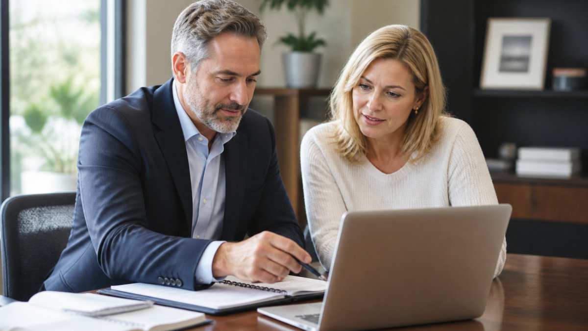 A financial advisor and a client in their 50s reviewing documents together at a desk in a bright office, both looking at a laptop screen with a notepad nearby