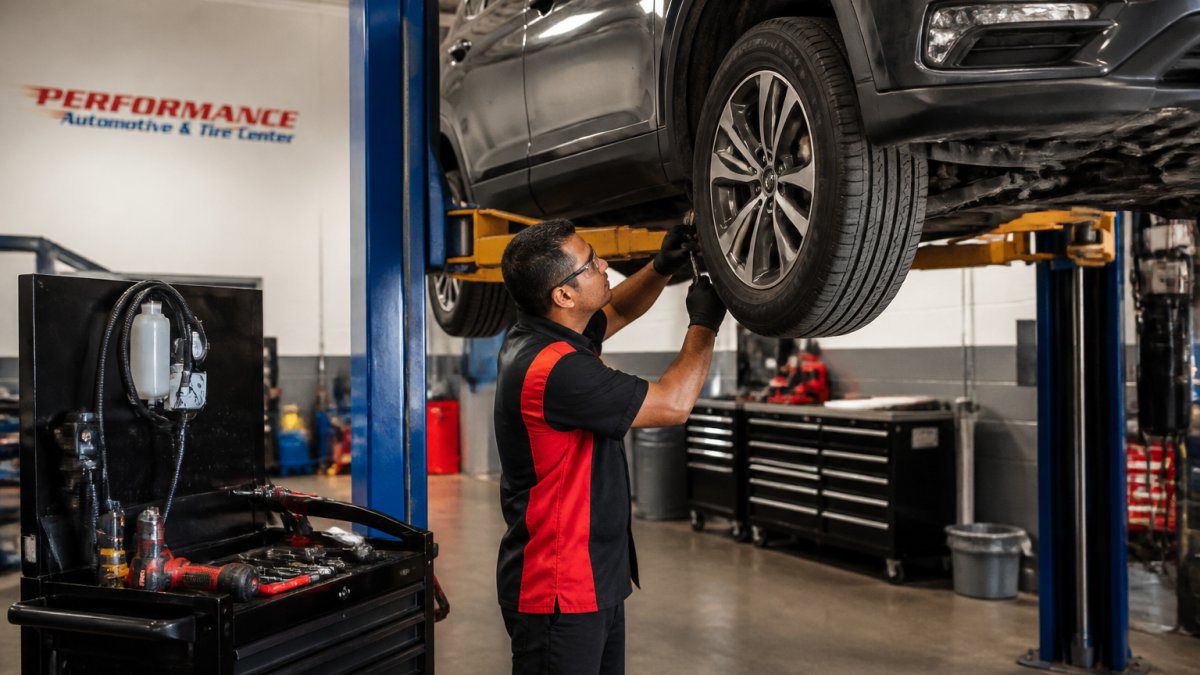 An ASE-certified technician in a clean, well-lit auto repair shop inspecting a vehicle raised on a lift, with diagnostic tools visible on a nearby cart under bright overhead lighting