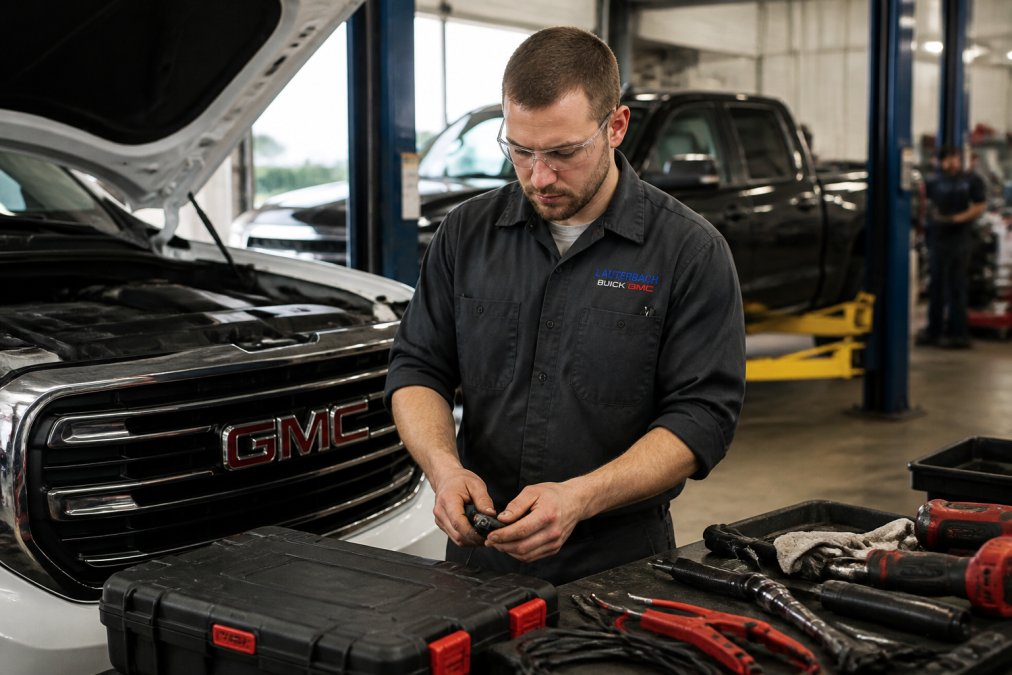 Certified technician in uniform working on a Buick or GMC vehicle in a professional service bay with diagnostic equipment visible on the workbench