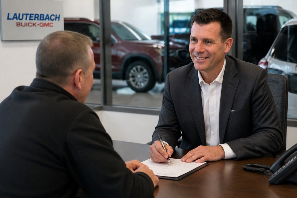 Professional service advisor at a desk speaking with a customer about scheduling a vehicle service appointment in a modern dealership office