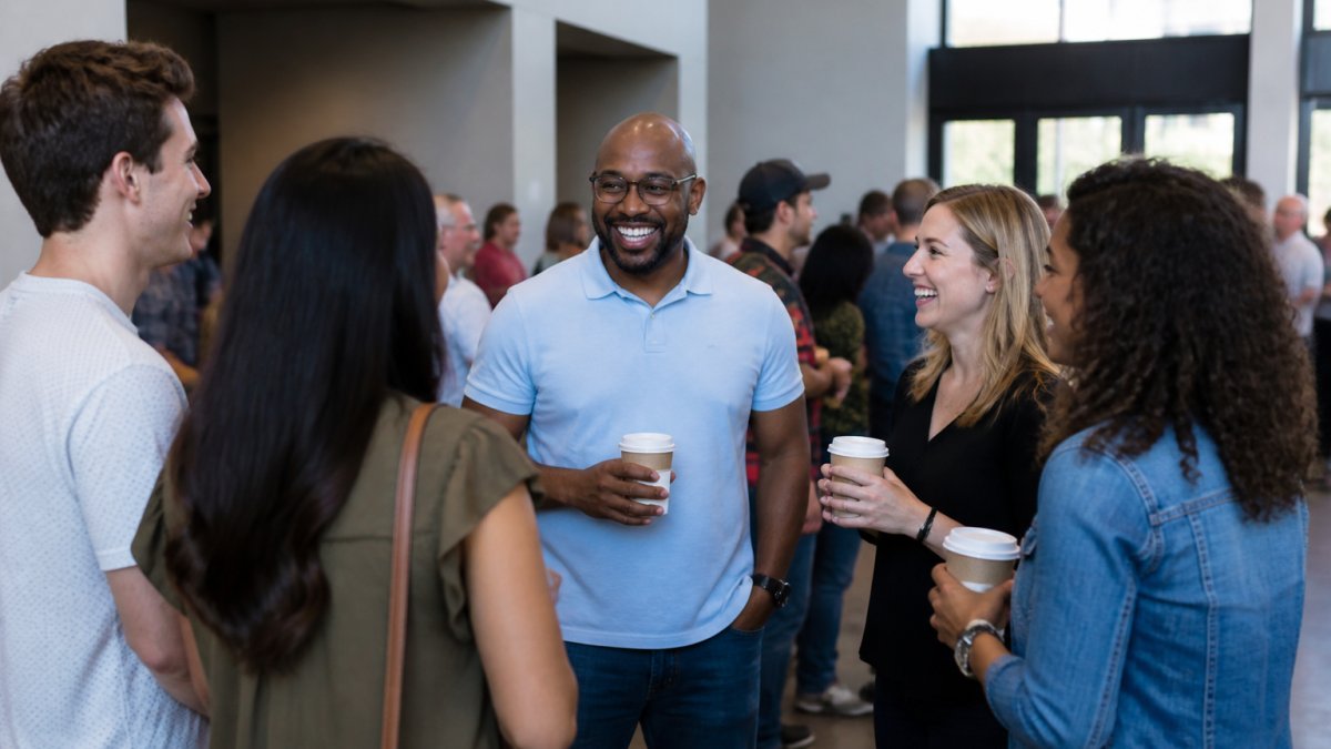 Diverse people smiling and drinking coffee in a church lobby to find Christian community and build friendships.