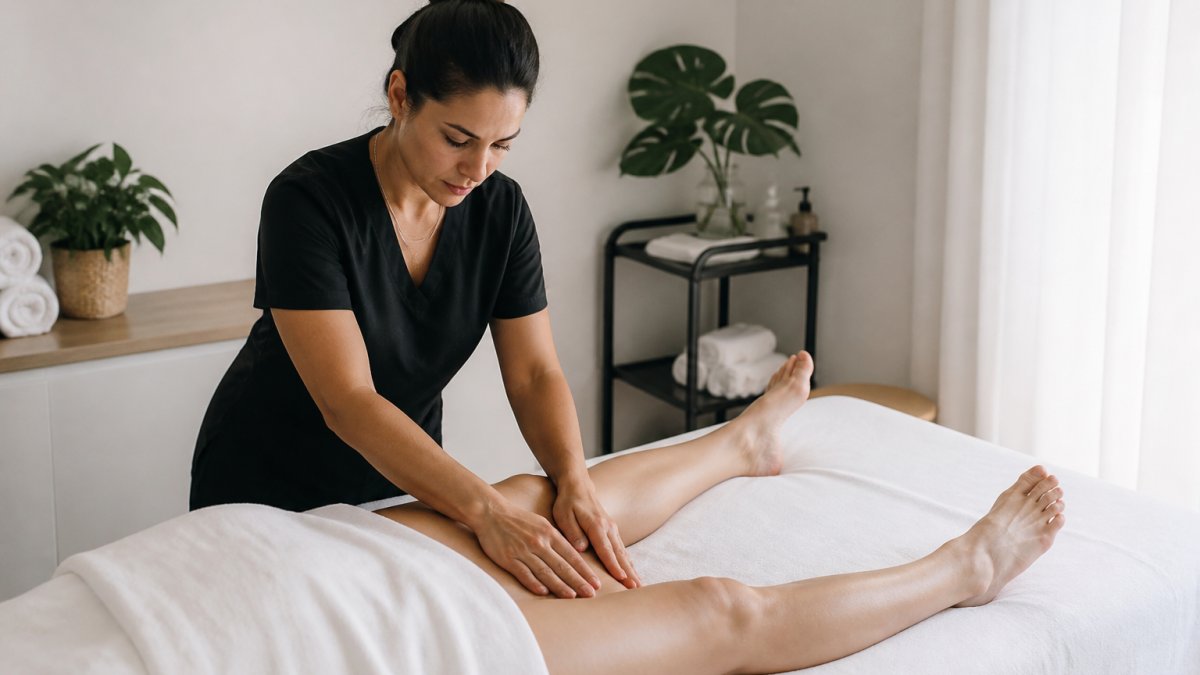 Licensed therapist performing gentle manual lymphatic drainage on a client's leg in a calm clinical room.