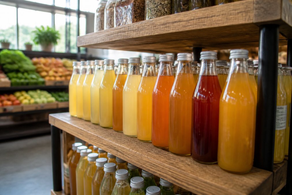 Glass bottles of raw craft kombucha displayed on a market shelf with fresh produce in the background