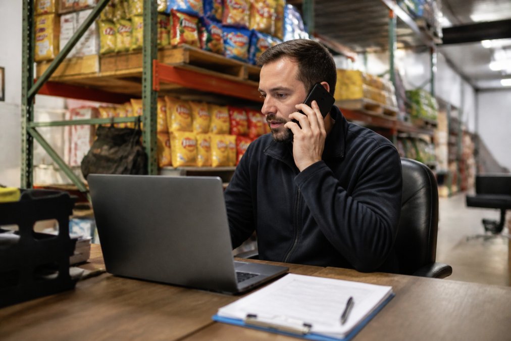 Hiring manager reviewing applications for snack delivery drivers in a distribution office warehouse