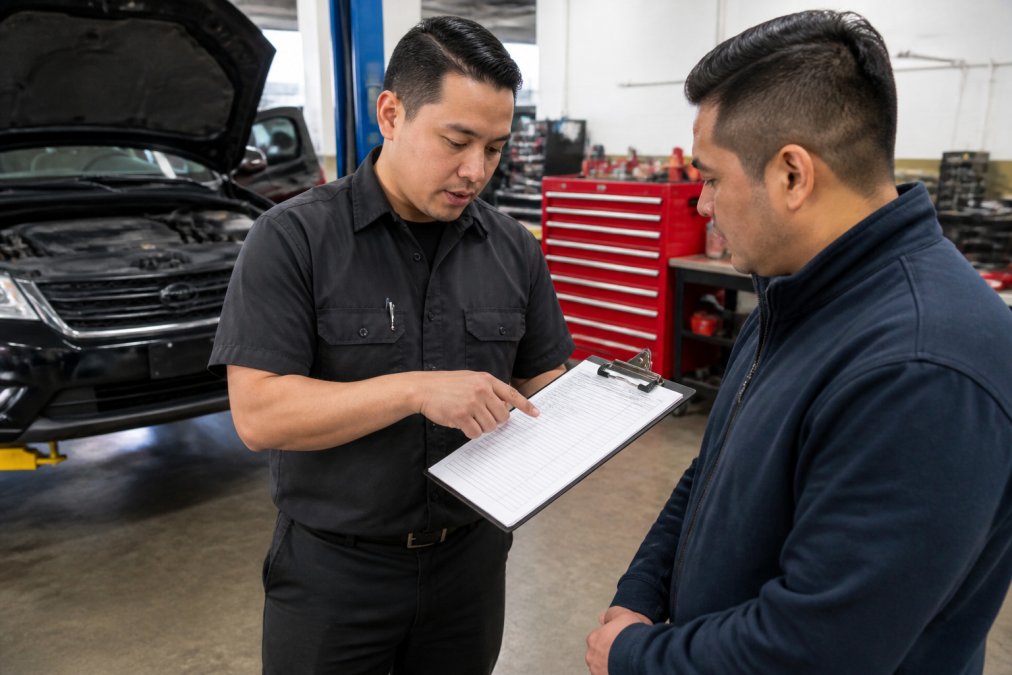 Service advisor pointing to an itemized repair estimate on a clipboard while explaining labor costs and parts breakdown to a Nissan owner in a well-lit service bay