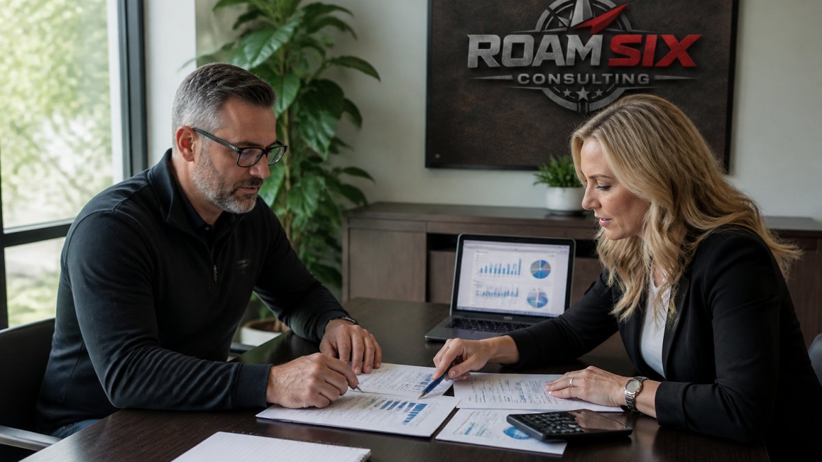 A small business owner and a financial consultant reviewing documents at a conference table in a bright office, with a laptop showing financial charts in the background