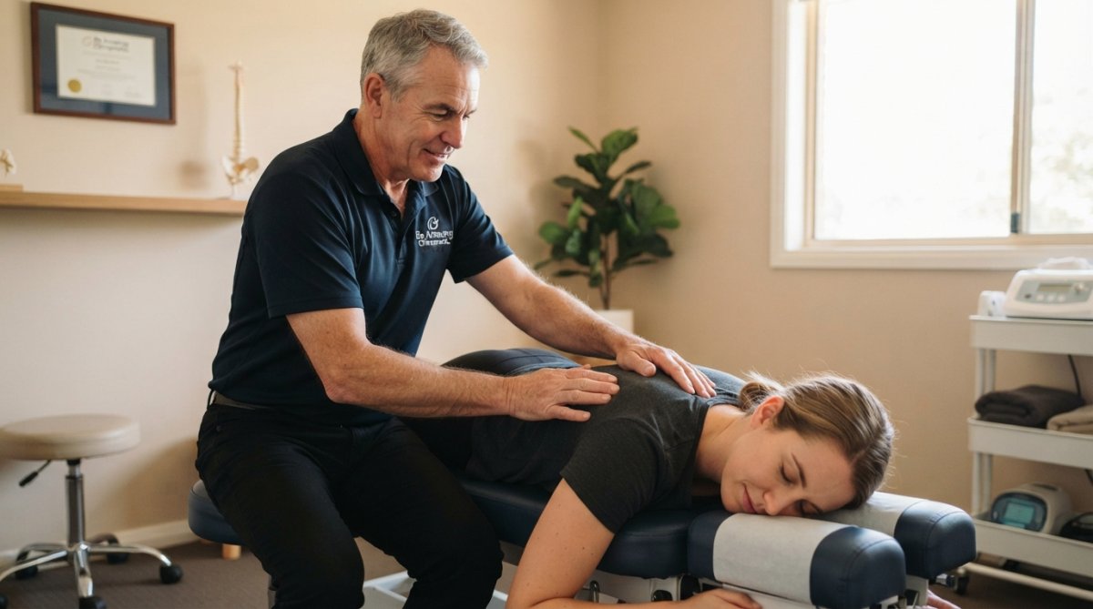 Chiropractor performing gentle spinal mobilisation on a relaxed patient in a calm, professional clinic setting with soft natural lighting