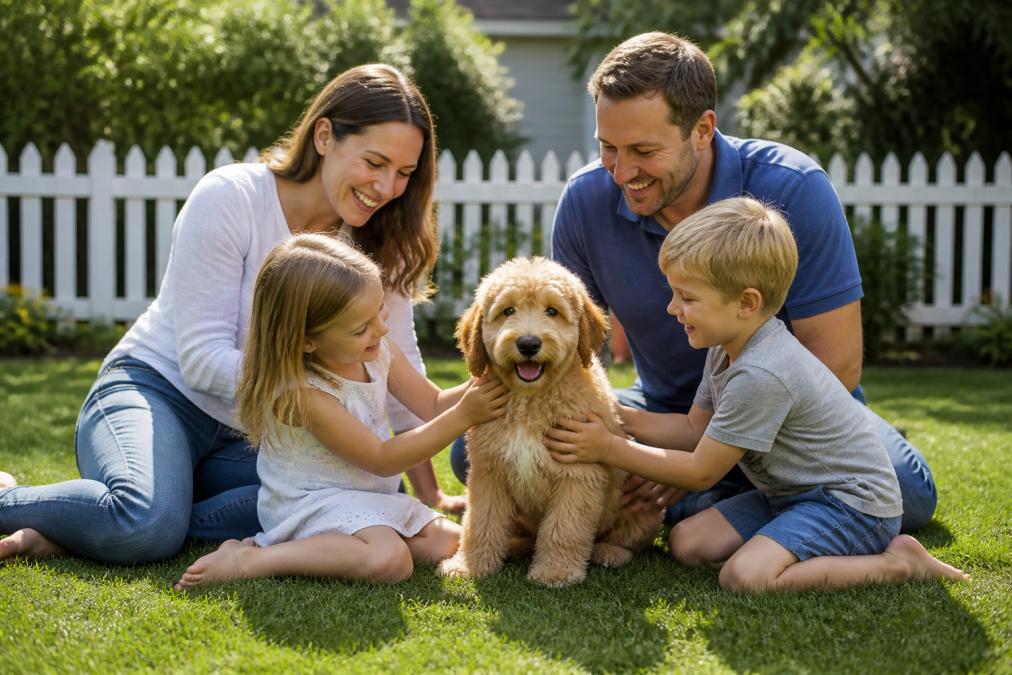 A happy family with two young children playing with a fluffy goldendoodle puppy in a sunny, fenced backyard