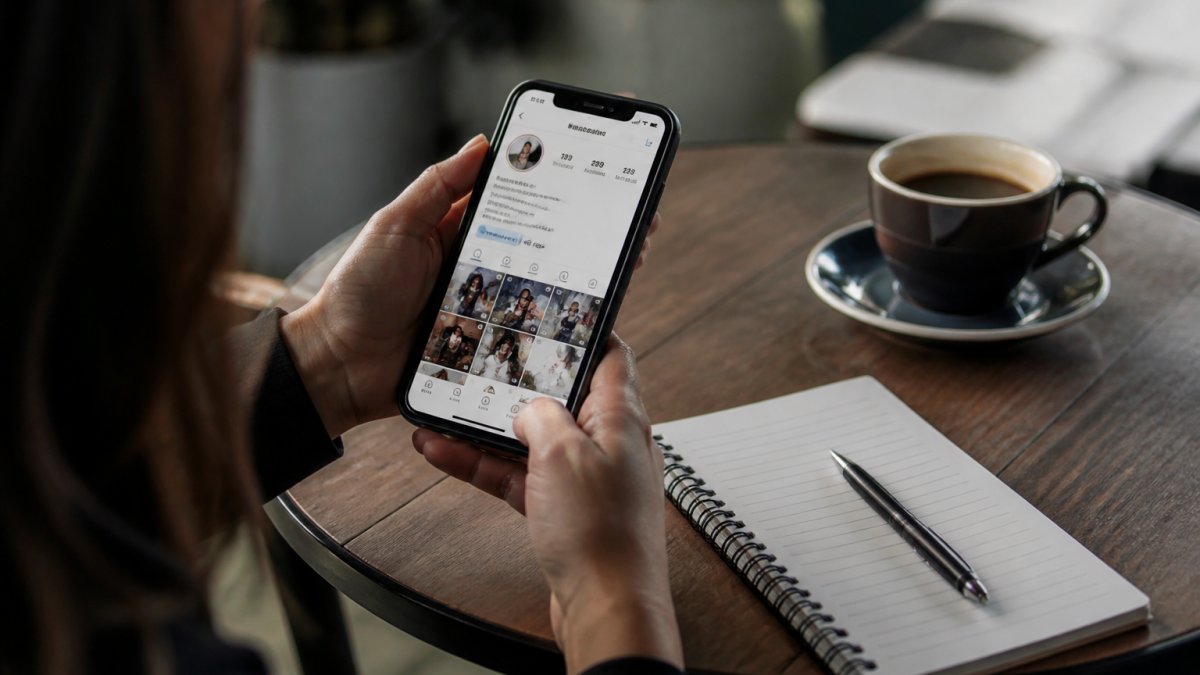 Close-up of hands holding a smartphone displaying an Instagram profile with engagement metrics visible on screen, with a notebook and pen nearby on a desk for note-taking
