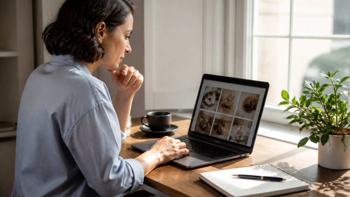 Professional woman reviewing her freelance portfolio on a laptop while finding high paying clients