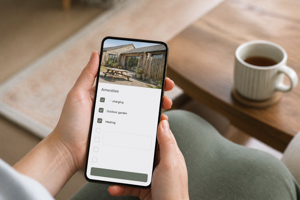 Close-up of hands holding a smartphone displaying a holiday rental search interface with visible filter options for amenities including EV charging, outdoor garden, and heating systems