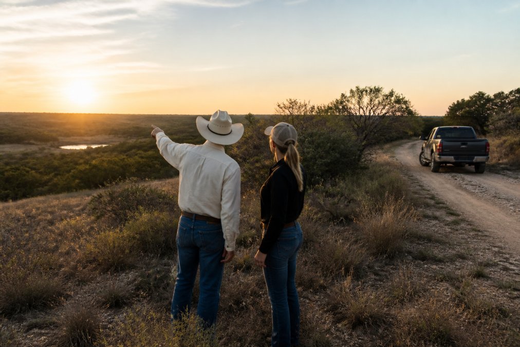 Realtor and buyer evaluating a Texas ranch to find hunting land for sale at golden hour near a stock tank.