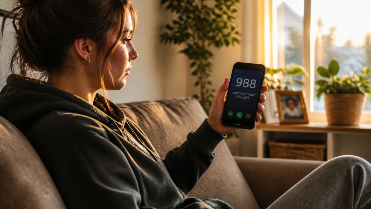 Person holding smartphone displaying 988 crisis support number in calm home environment with soft natural lighting
