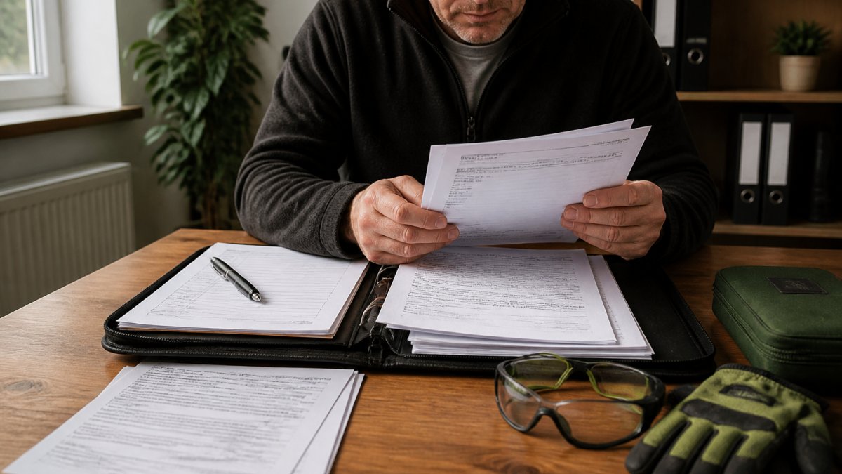 Professional homeowner reviewing insurance documentation and certificates on a desk, with a folder of papers and checklist visible, natural office lighting
