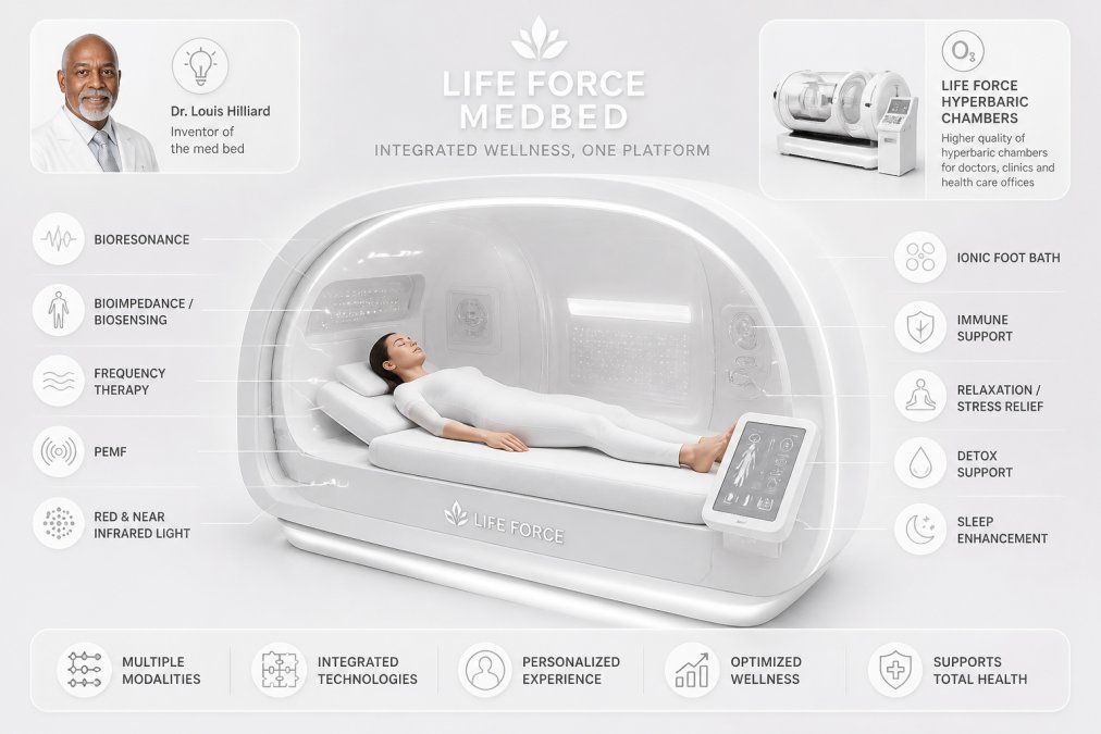 Person relaxing inside a modern wellness pod with soft ambient lighting, surrounded by integrated therapeutic technology components, showing the cohesive design of multiple modalities unified in one system