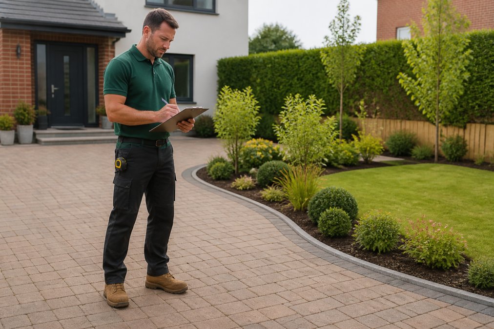 Professional landscaper surveying a residential garden with a clipboard and measuring tape, standing on a newly paved driveway area with clear lighting