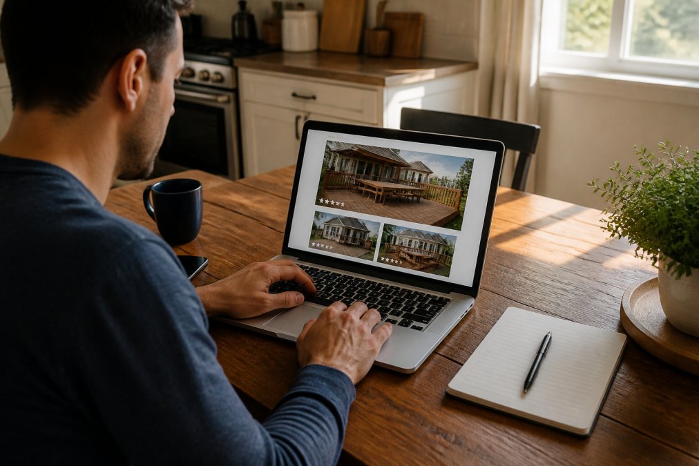 A homeowner sitting at a kitchen table with a laptop open to a contractor review page, notebook and pen nearby, warm afternoon light coming through a window