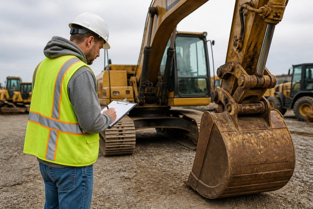 A construction contractor in a hi-vis vest and hard hat inspecting a used excavator on a dealership lot, clipboard and inspection checklist in hand, overcast daylight