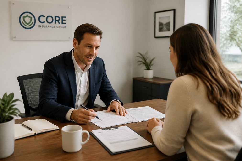 Financial professional sitting across from client at desk reviewing insurance documents with clear, friendly demeanor in modern office setting