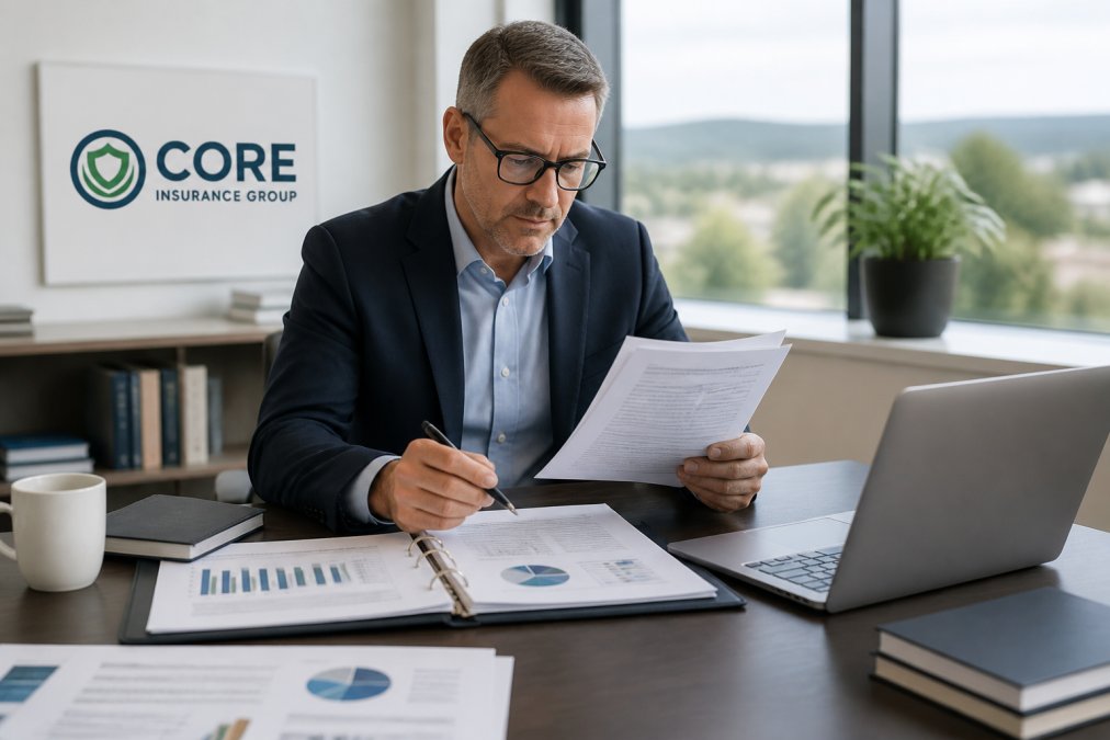 Confident professional in business attire reviewing comprehensive insurance portfolio with multiple documents and laptop showing financial planning details in modern office