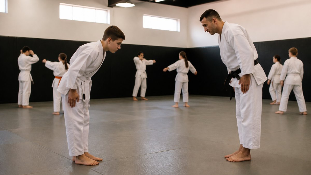 Beginner student bowing to an instructor during martial arts classes on a padded dojo floor with others warming up.
