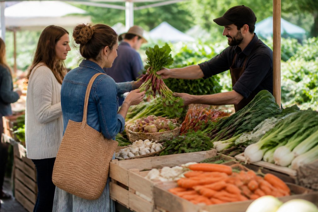 Produce vendor at farmers market displaying fresh vegetables and seasonal fruits in wooden crates, with customers browsing and selecting items nearby in natural daylight