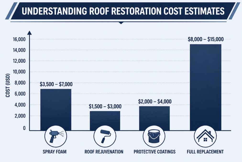Bar chart comparing restoration costs: spray foam $3,500-7,000, roof rejuvenation $1,500-3,000, protective coatings $2,000-4,000, full replacement $8,000-15,000
