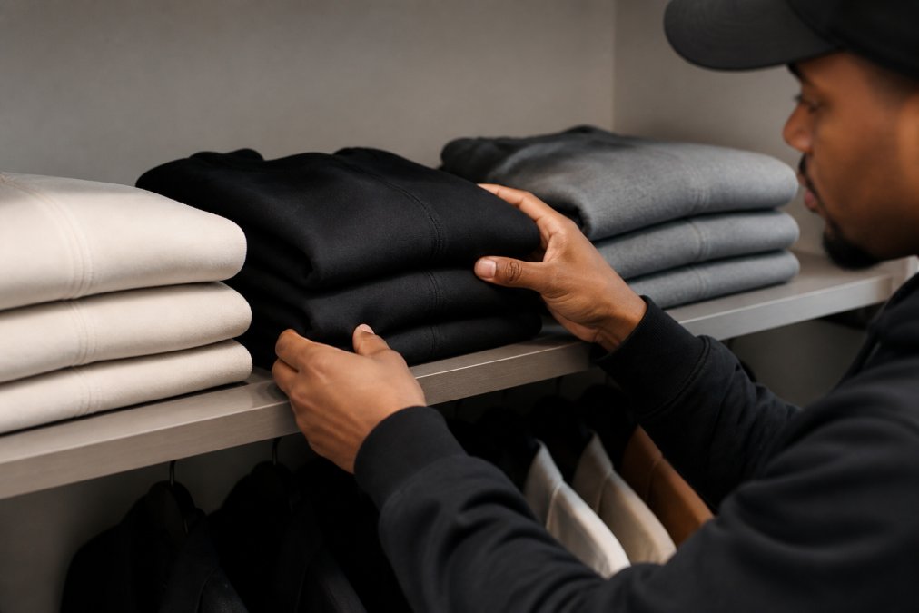 Person carefully arranging folded heavyweight tees and hoodies in neutral colorways, black, bone, and slate, on a clean shelf, showing organized, intentional wardrobe curation
