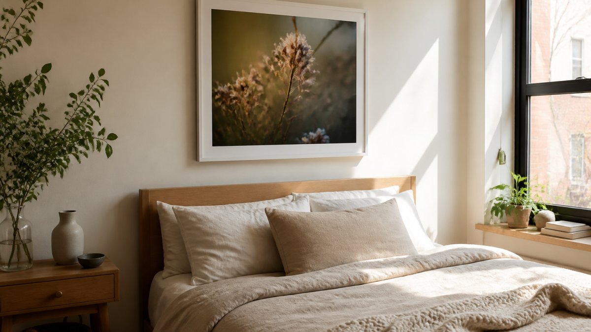 Botanical nature photography hangs above a bed in a serene, neutral-toned small apartment bedroom with soft sunlight.