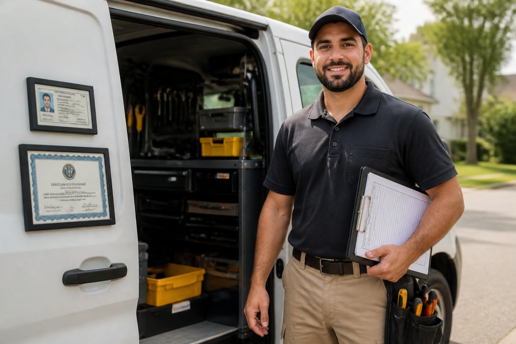 Professional locksmith displaying credentials and license on work vehicle door, with tools and equipment visible in background, natural daylight