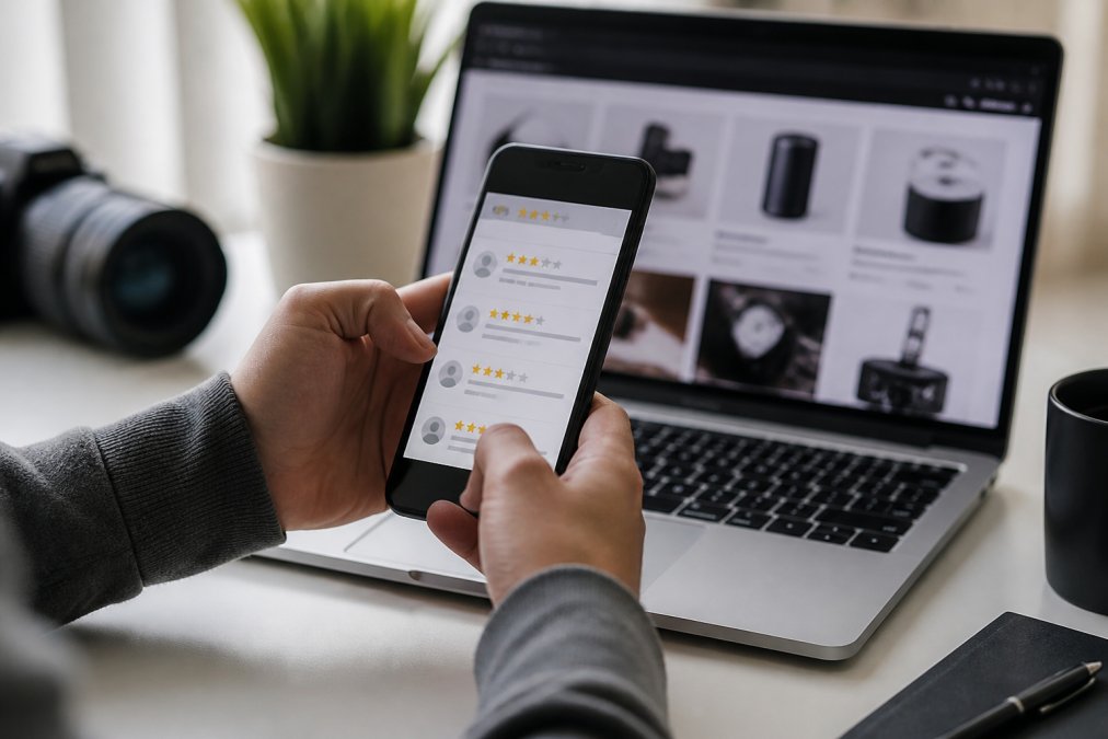 Hands holding a smartphone reviewing online ratings for a new tech brand on a laptop screen