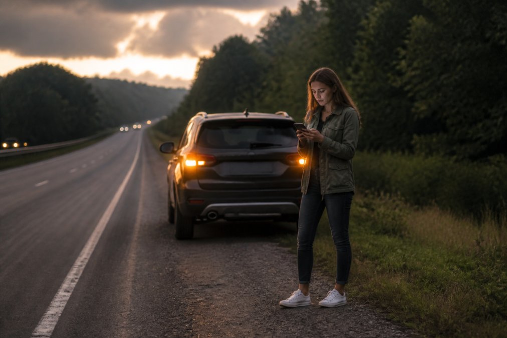 A driver safely pulled over on the shoulder of Highway 169, hazard lights flashing, standing outside their vehicle while checking their phone with trees visible in the background