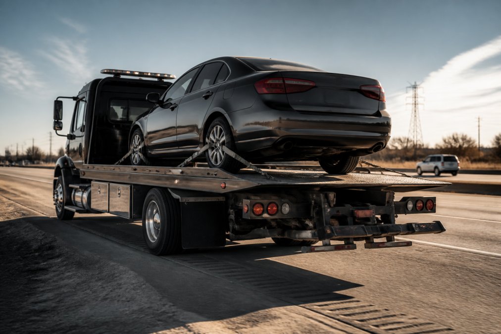 A professional flatbed tow truck with proper tie-down straps securing a sedan, equipment visible in daylight on a clear day