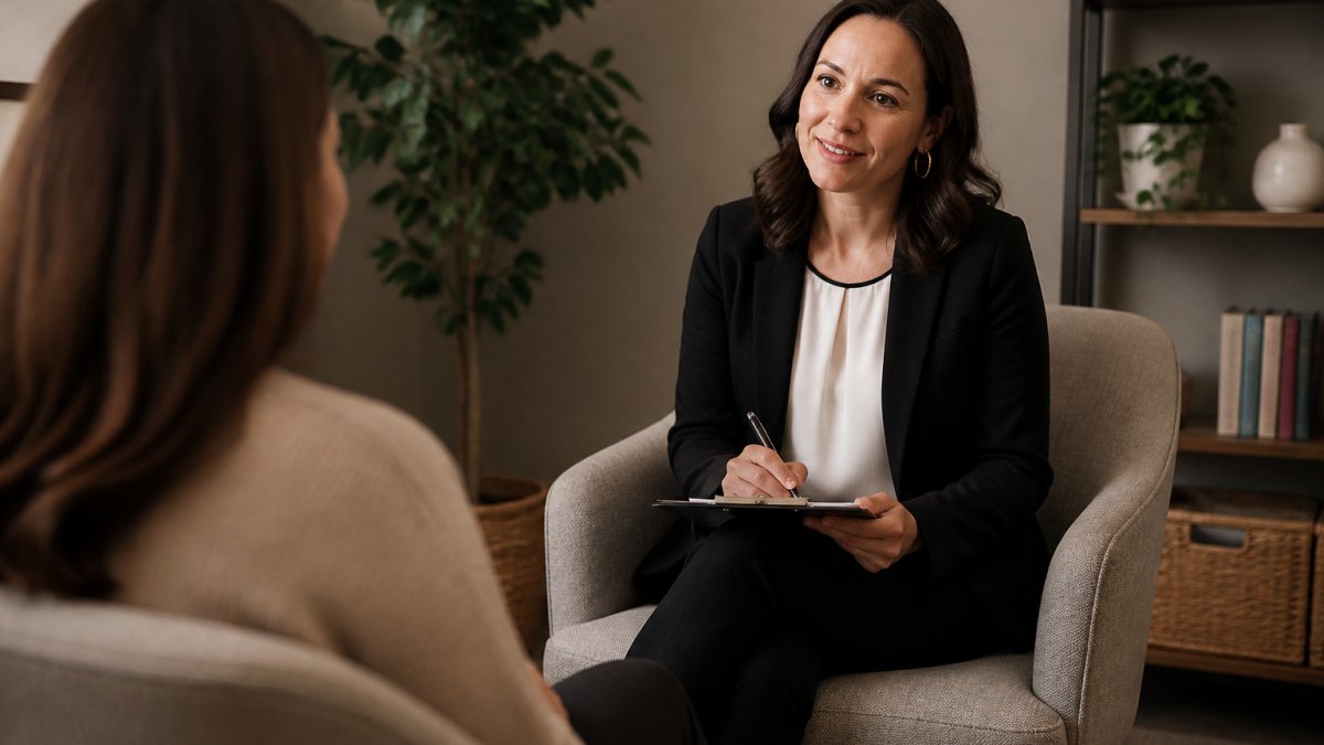 Healthcare provider in a calm, welcoming clinical office with soft lighting listening attentively to a patient during an initial psychiatric consultation, patient seated comfortably in a chair