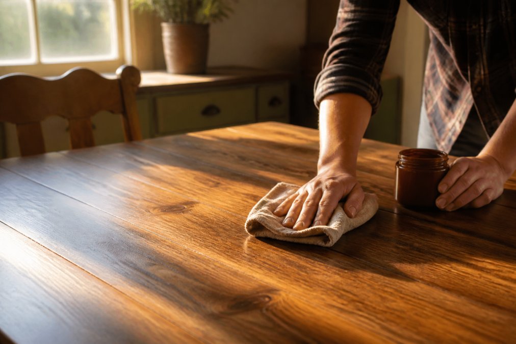 Hands gently wiping a wooden farmhouse table with a soft cloth, applying natural finish in warm afternoon sunlight streaming through a window
