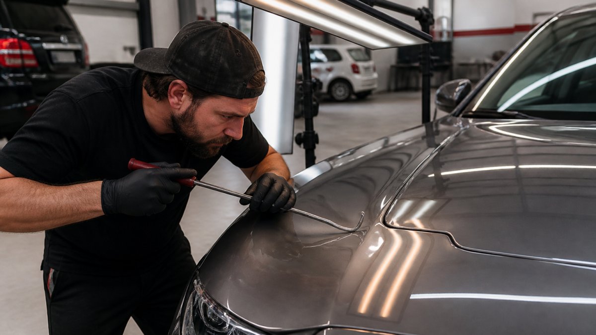 Professional hail damage repair technician using specialized PDR tools to carefully examine and assess hail dents on a vehicle's hood under bright shop lighting in a modern facility