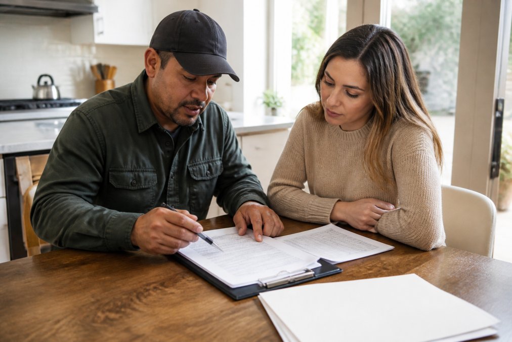 Homeowner and landscape contractors reviewing insurance documents and a written contract at a table