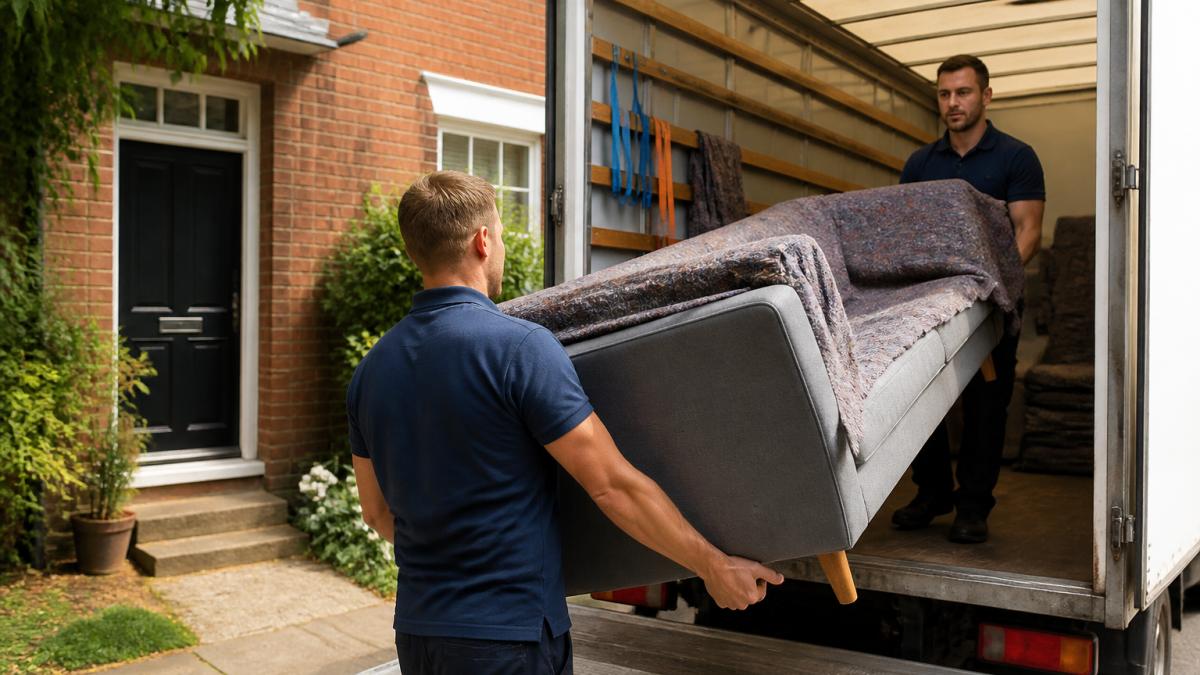 Professional removal team in uniform carefully loading furniture into a van, demonstrating attention to detail and proper handling techniques in daylight