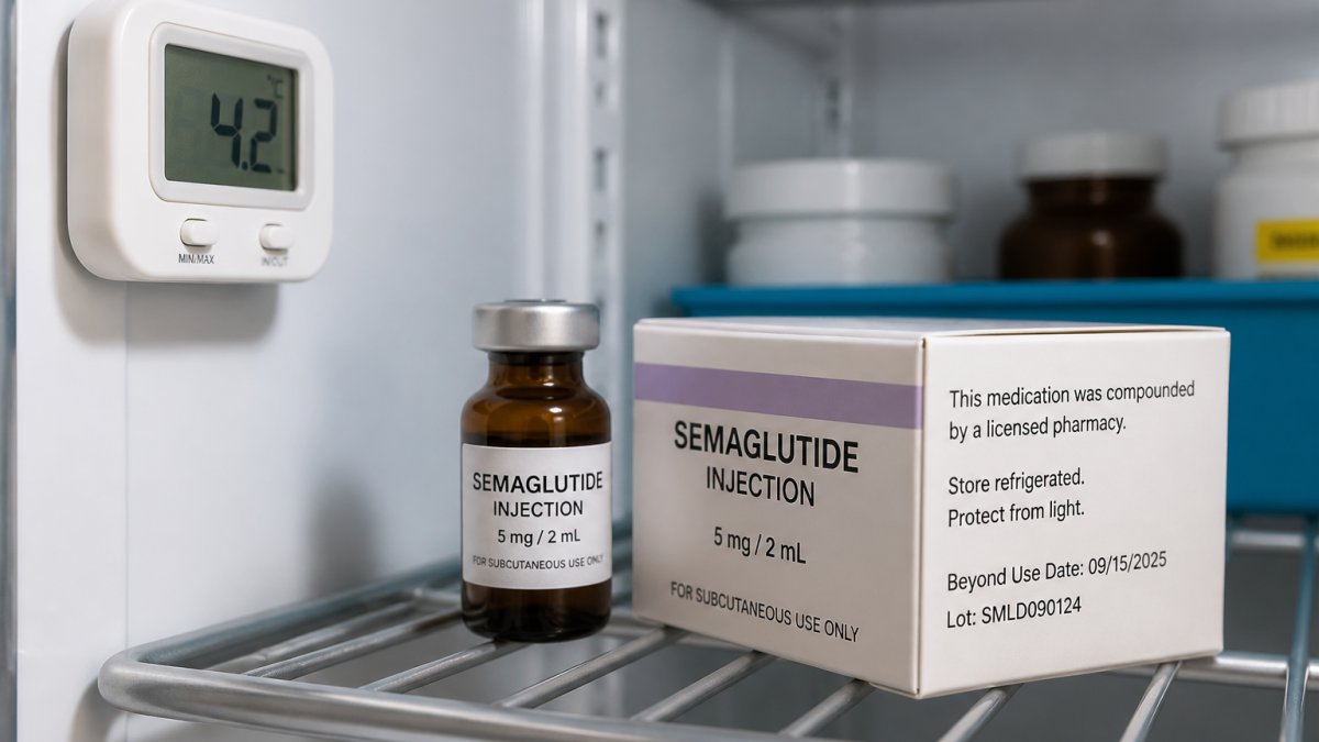 Compounded semaglutide vial stored in a refrigerator with a thermometer and stability label for pharmacy safety