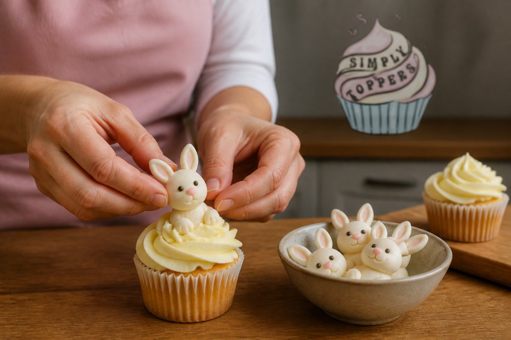 Close-up of hands gently placing a handmade edible rabbit topper onto a buttercream-frosted cupcake on a wooden kitchen counter, with a small bowl of extra toppers nearby