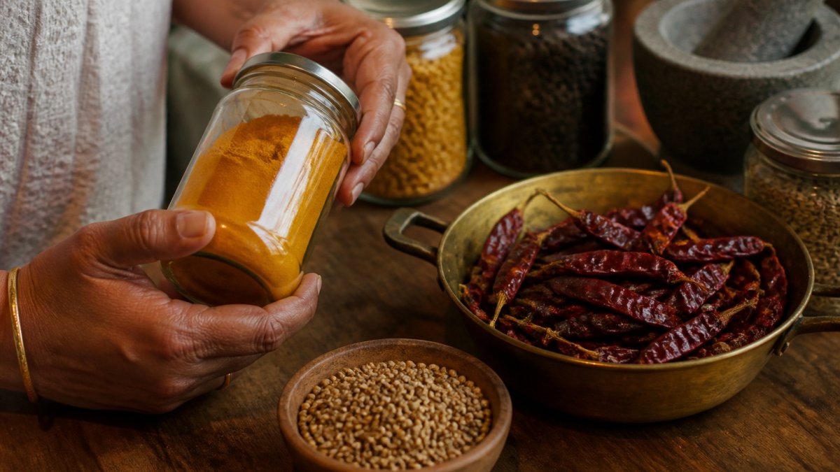 Close-up of hands holding a glass jar of turmeric powder next to bowls of whole coriander seeds and red chillies on a wooden kitchen counter