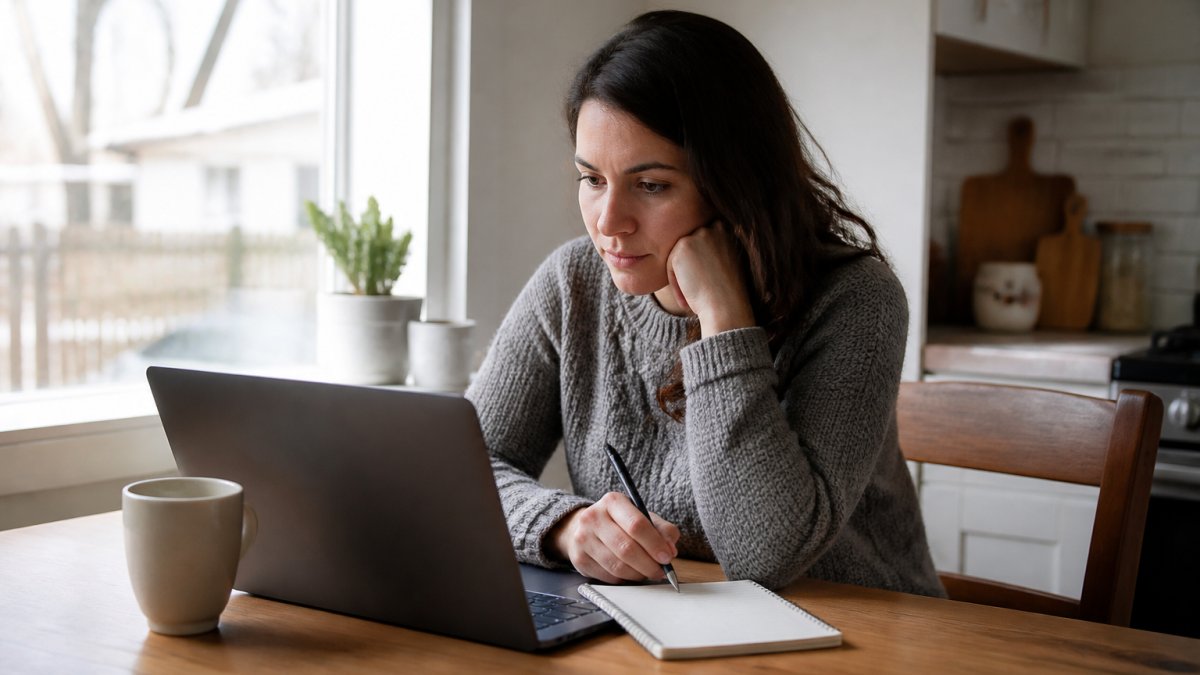 A person sitting at a kitchen table with a laptop and a notepad, searching for a therapist online, with a cup of coffee nearby and soft natural light coming through a window