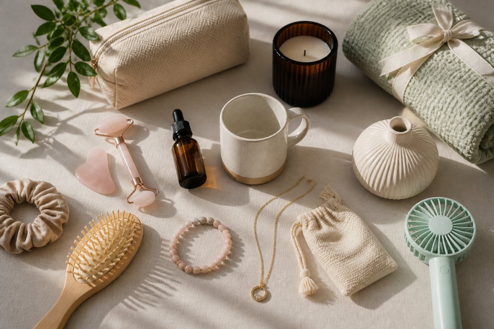 Flat lay arrangement of diverse lifestyle gifts including modern beauty tools, artisan accessories, minimalist home decor items, and wellness products arranged on a neutral background with natural side lighting
