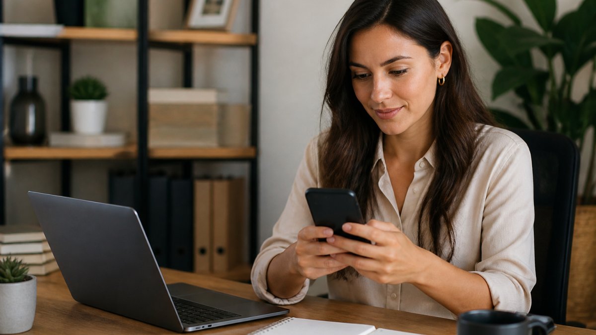 Smartphone screen displaying a polished virtual assistant Instagram profile with clear service description, professional portfolio images of email templates and social media management examples, and a prominent call-to-action link