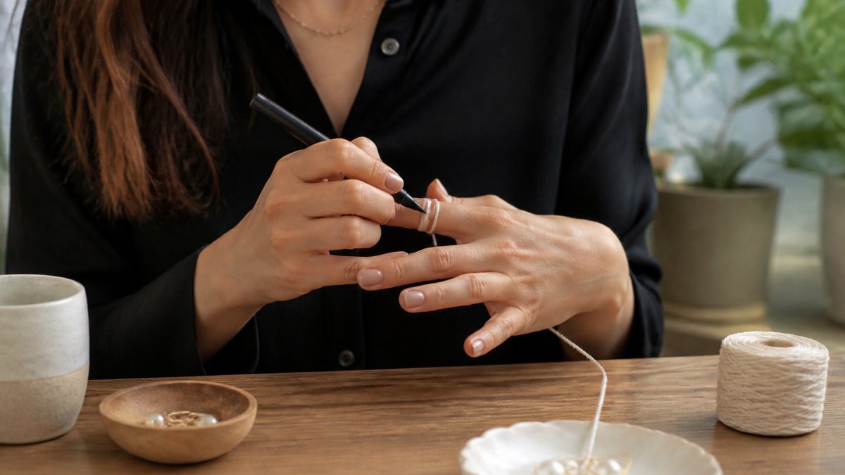 Close-up of hands wrapping a piece of string around the base of a finger, with a pen marking where the string overlaps