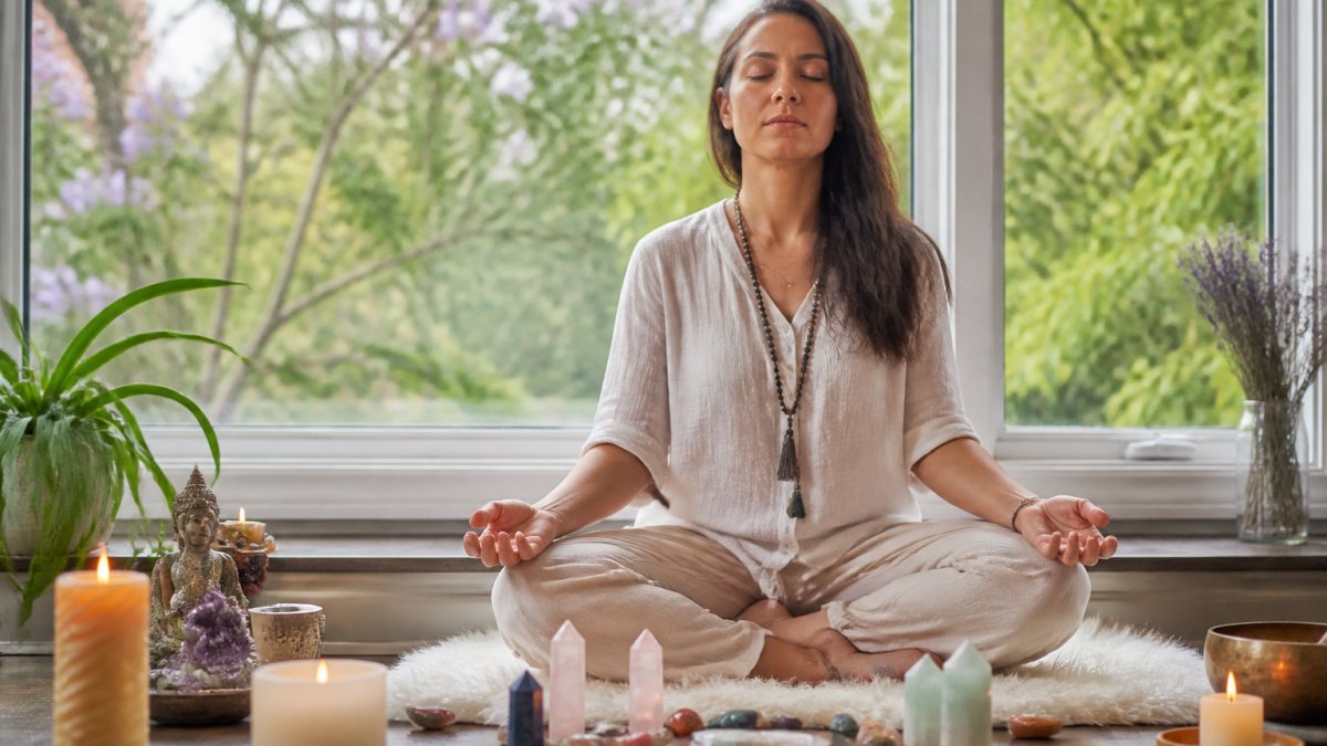 Person sitting peacefully in a meditative pose by a window with soft natural light streaming in, surrounded by crystals and candles, eyes closed in contemplation