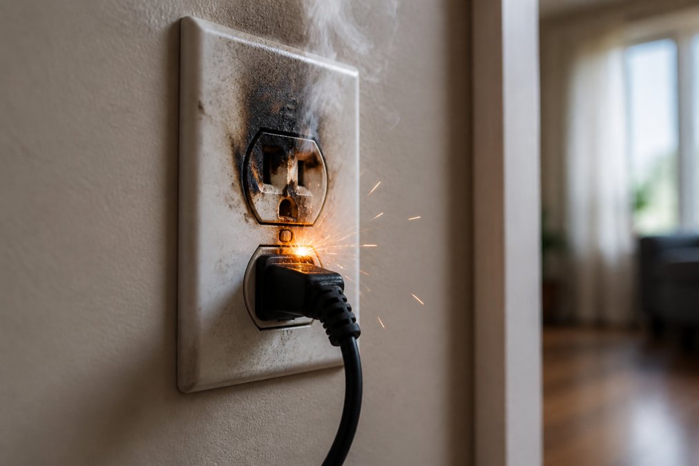 Close-up of a sparking electrical outlet with visible bright arcing and charred surrounding plastic, showing the immediate danger and urgency of electrical hazards in a residential setting